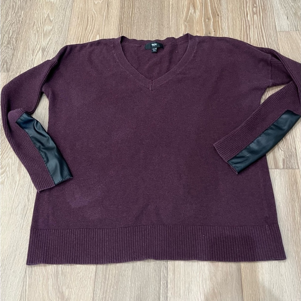 Mossimo V Neck Sweater Lightweight Vegan Leather Arm Patches Plum Purple XXL
